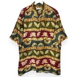 VINTAGE 90s Burma Bibas Silk Island Shirt Short‎ Sleeve Button Up Size XL